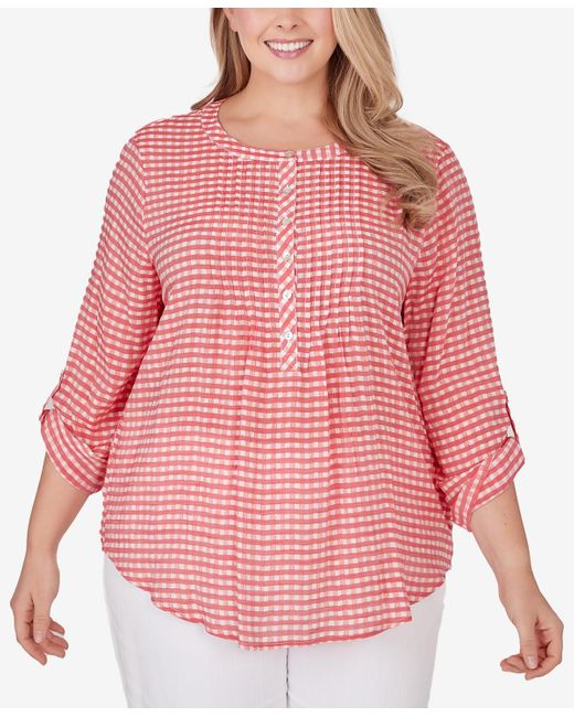 Ruby Rd Pink Plus Size Gingham Silky Gauze Top