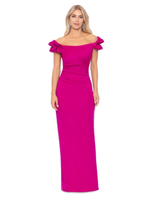 Xscape Pink Petite Ruffled Ruched Off-the-shoulder Gown
