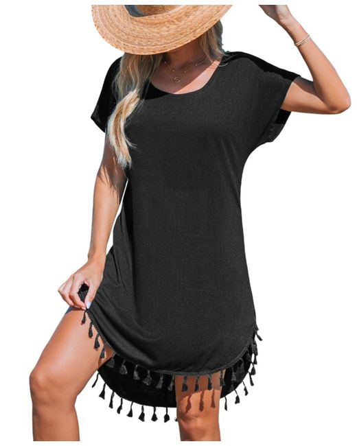 CUPSHE Black Round Neck Short Sleeve Tassel Hem Mini Beach Dress