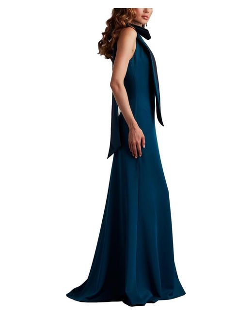 Tadashi Shoji Blue Sims Taffeta Shoulder Bow Halter Gown