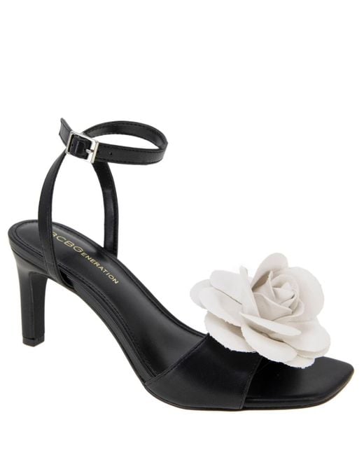 BCBGeneration Black Toori Ankle Strap Buckle Floral High Heel Dress Sandals