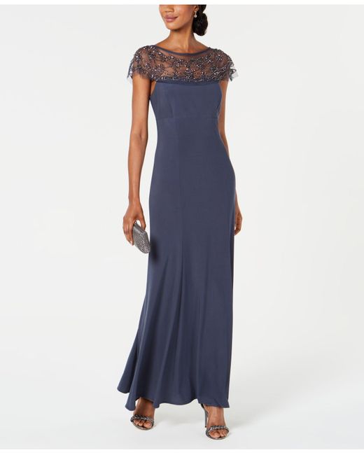 r & m richards illusion shoulder sleeveless lace gown
