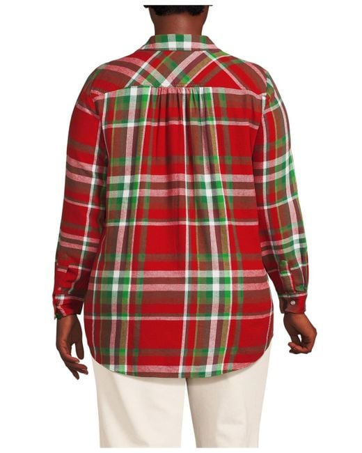 Lands' End Red Plus Size Flannel Boyfriend Long Sleeve Shirt