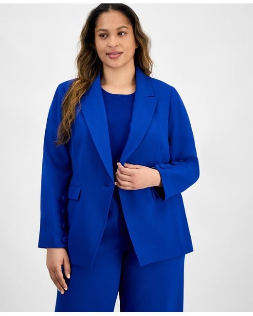 Tahari Blue Asl Plus Size Single-button Crepe Blazer