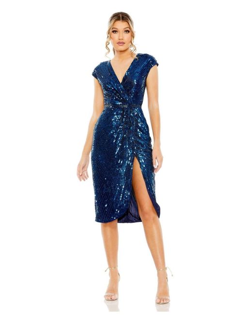 Mac Duggal Blue Sequin Faux Wrap Front Slit Dress