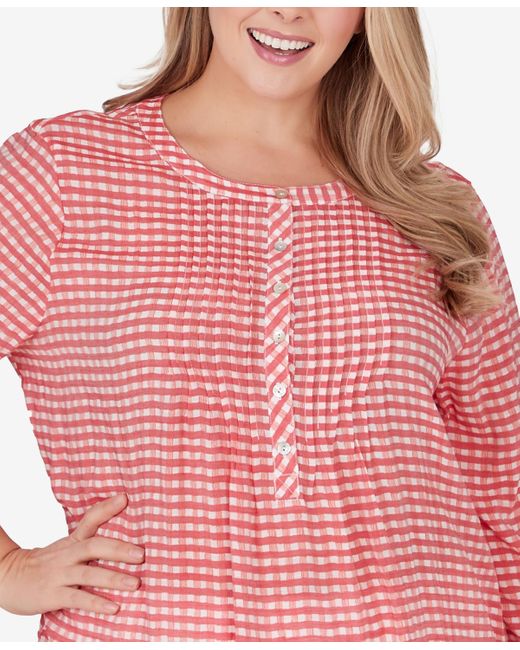 Ruby Rd Pink Plus Size Gingham Silky Gauze Top
