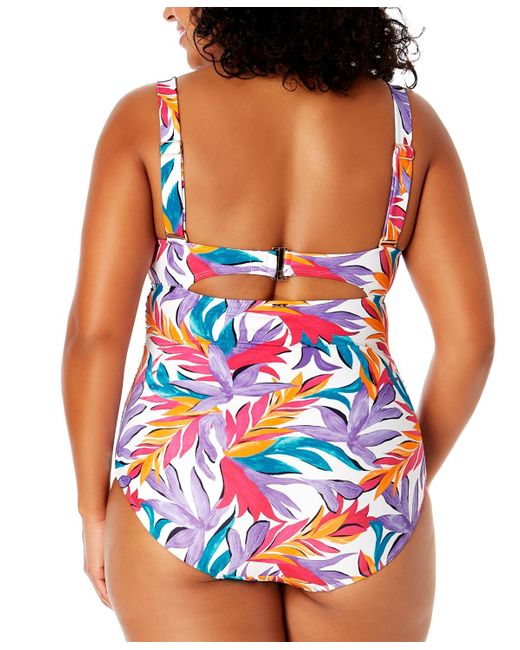Anne Cole Blue Plus Size Printed Shirred One-piece Swimsuit