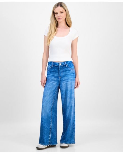 Democracy Women's Blue Petite Sky-rise French Terry Wide-leg Jeans