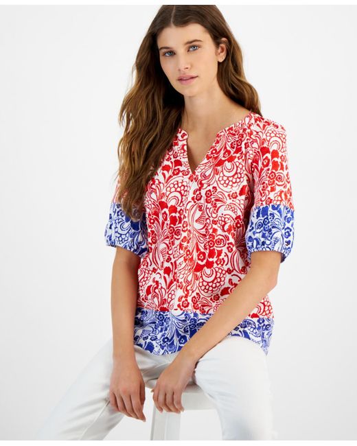 Tommy Hilfiger Red Cotton Floral-print Puffed-sleeve Top