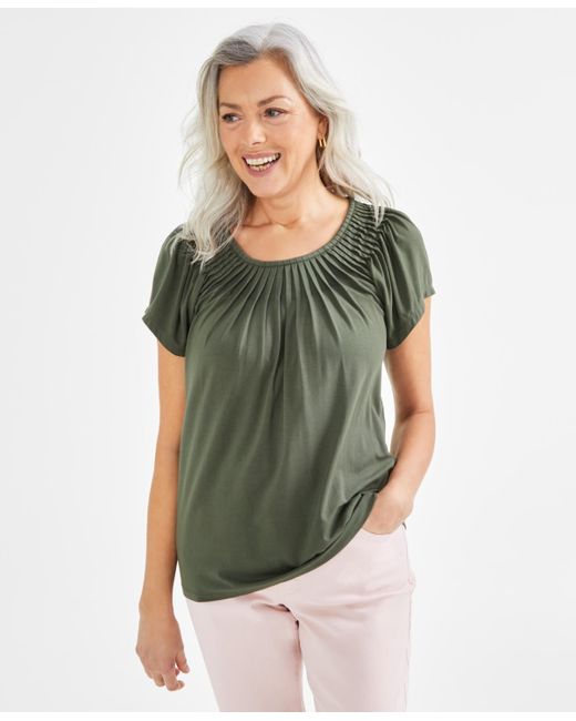 Style & Co. Green Pleated-neck Short-sleeve Top