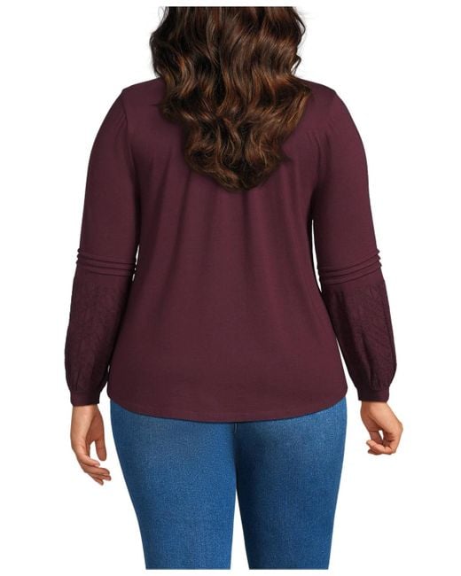 Lands' End Red Plus Size Lightweight Jersey Lace Mix Long Sleeve Pintuck Top