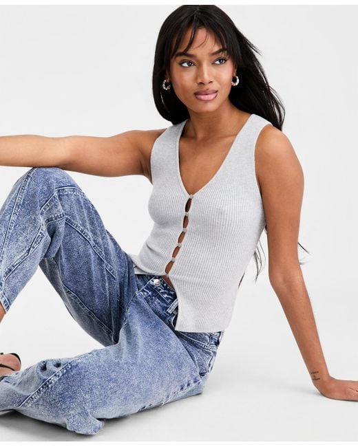 BarIII Blue Ribbed Button-front Top