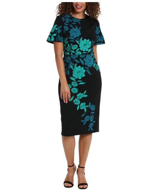 London Times Green Floral Flutter-sleeve Midi Dress