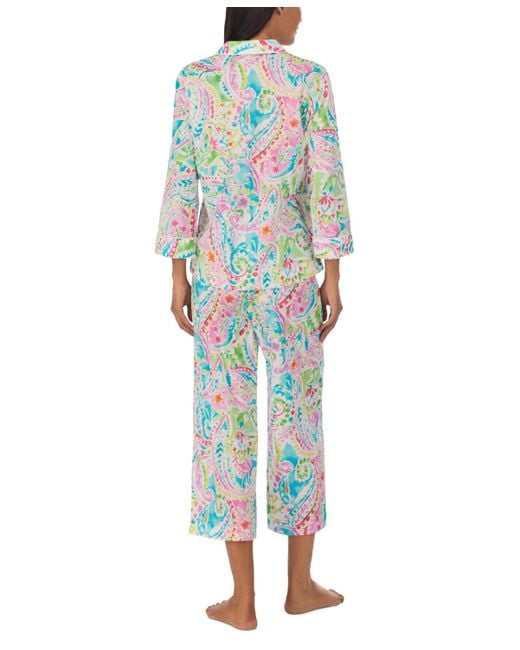 Lauren by Ralph Lauren Blue 3/4-sleeve Cropped Pant Pajama Set