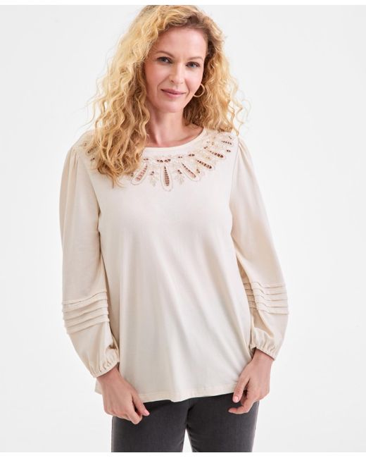 Style & Co. White Embroidery Long-sleeve Knit