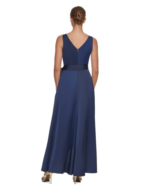 DKNY Blue Faux-wrap Tie-waist Satin Crepe Dress