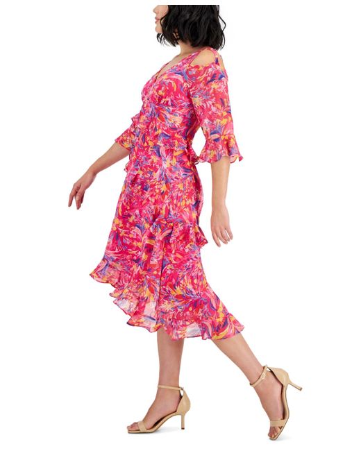 Tahari Pink Petite Printed Cold-shoulder Asymmetric-ruffle Dress