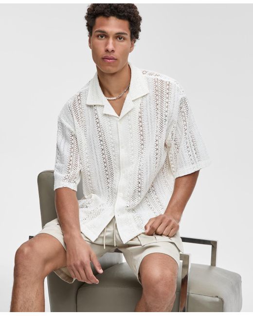 Mode Of One White Relaxed-fit Textured Crochet Button-down Camp Shirt for men
