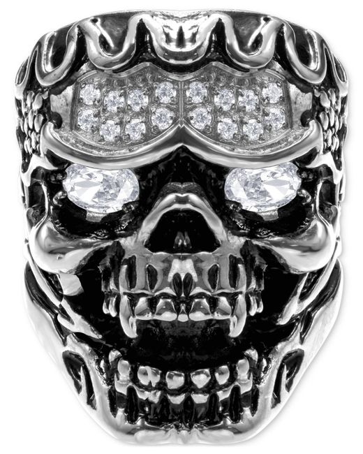 Black Jack Jewelry Gray Cubic Zirconia Ornately Detailed Skull Statement Ring for men