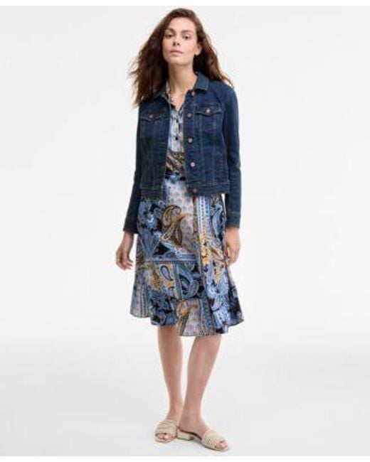 Jones New York Blue Trucker Jacket Tie Waist Shirtdress