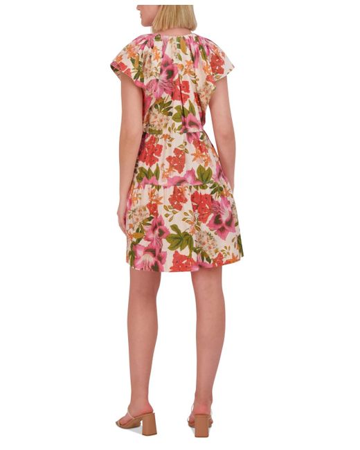 Vince Camuto Red Floral Cap-sleeve A-line Dress