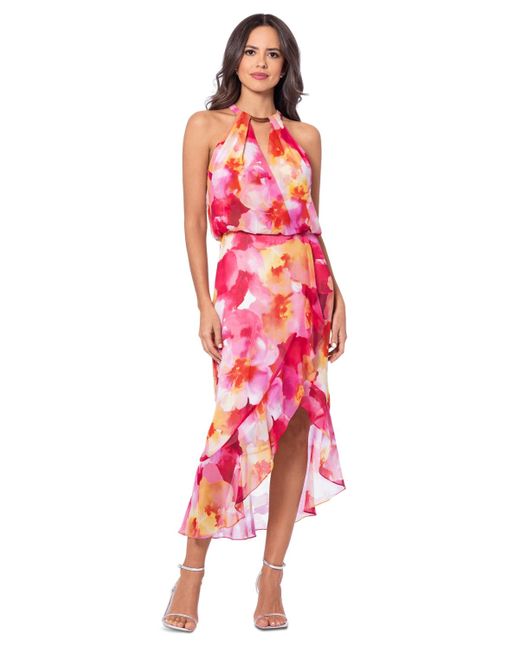 Xscape Red Floral-print Halter High-low Dress
