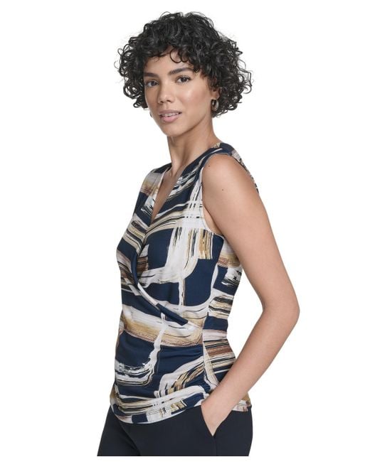 Calvin Klein Blue Printed Surplice-neck Ruched Blouse