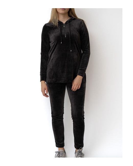 Cable & Gauge Quarter Zip Hoodie And Pant Velour Matching Set in Black