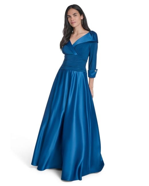 Jessica Howard Women's Blue Portrait-collar Side-ruched Gown
