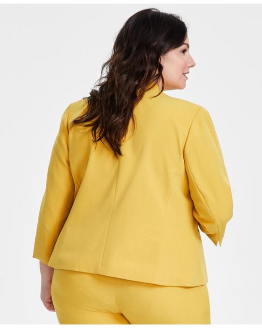 Kasper Yellow Plus Size Collarless Open-front Long-sleeve Blazer