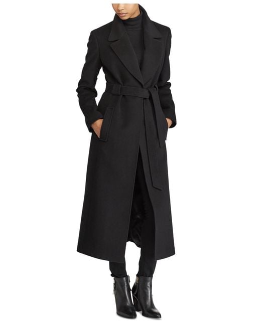 Lauren by Ralph Lauren Black Wool Blend Belted Maxi Wrap Coat