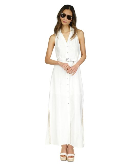 Michael Kors White Michael Petite Belted Button-down Linen Maxi Dress