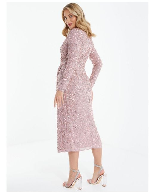 Quiz Long Sleeve Sequin Midi Dress in Pink Lyst