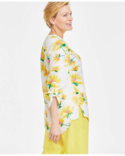Charter Club Metallic 100% Linen Floral-print Woven Tab-sleeve Tunic