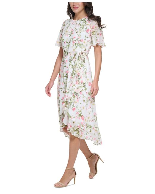 Jessica Howard White Petite Printed Flutter-sleeve Faux-wrap Chiffon Dress