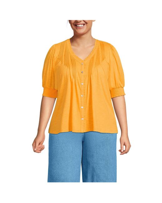 Lands' End Orange Plus Size Button Pintuck Puff Sleeve Top