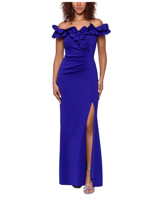 Xscape Synthetic Ruffled Ruched Scuba Fit & Flare Gown in Marine (Blue ...
