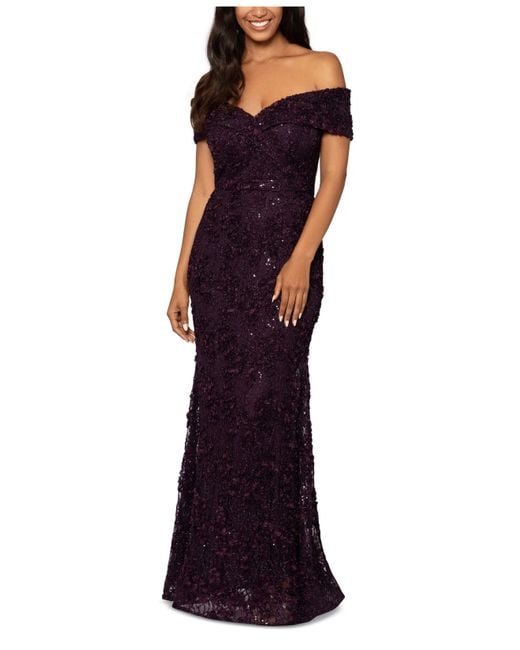 Xscape Off The Shoulder Lace Gown In Purple Lyst 5079