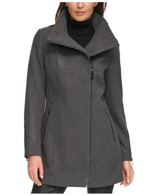 DKNY Gray Asymmetric Zipper Wool Blend Coat