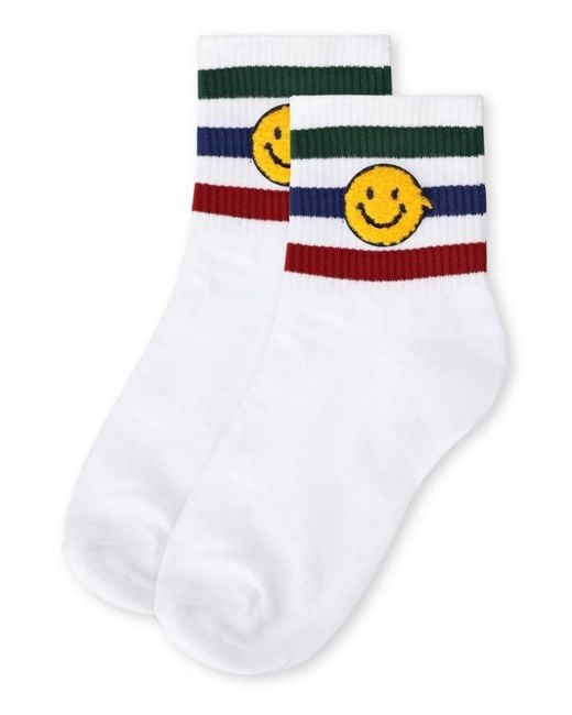 Memoi White Smiley Terry Patch Stripe Crew Socks