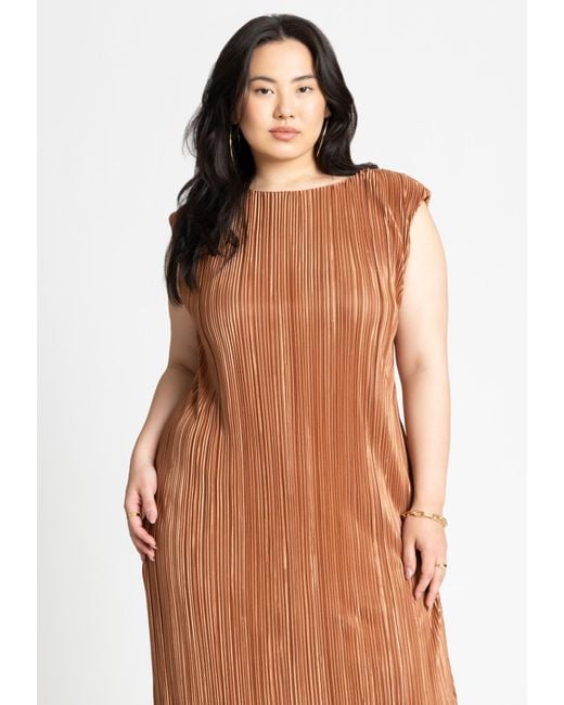 Eloquii Brown Plus Size Plisse Short Sleeve Midi Dress