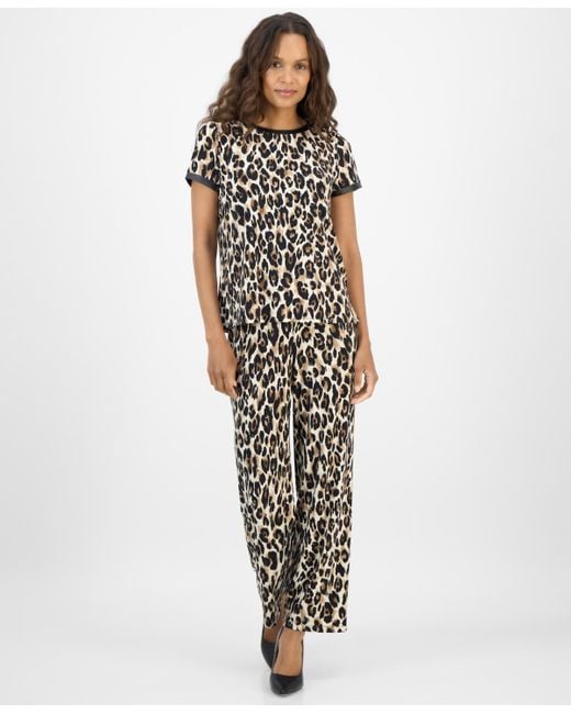 Anne Klein Black Petite Back-button Animal-print Top