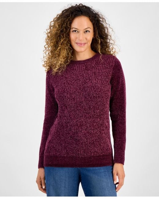 Style Women's Purple Petite Chenille Cable Knit Sweater