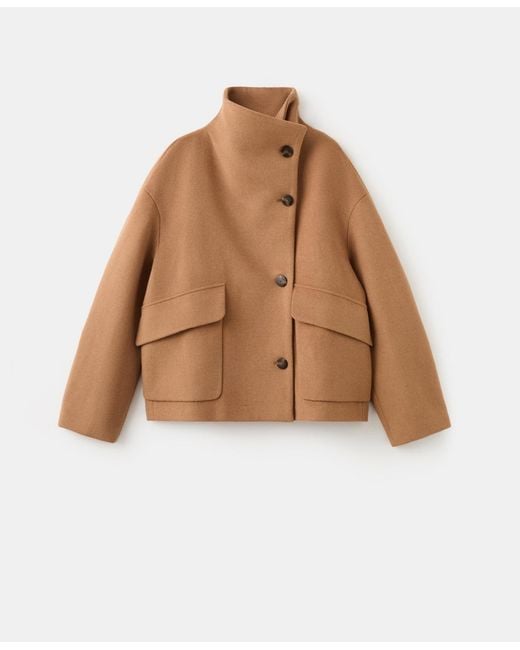 Mango Brown Wool-blend Funnel-neck Coat