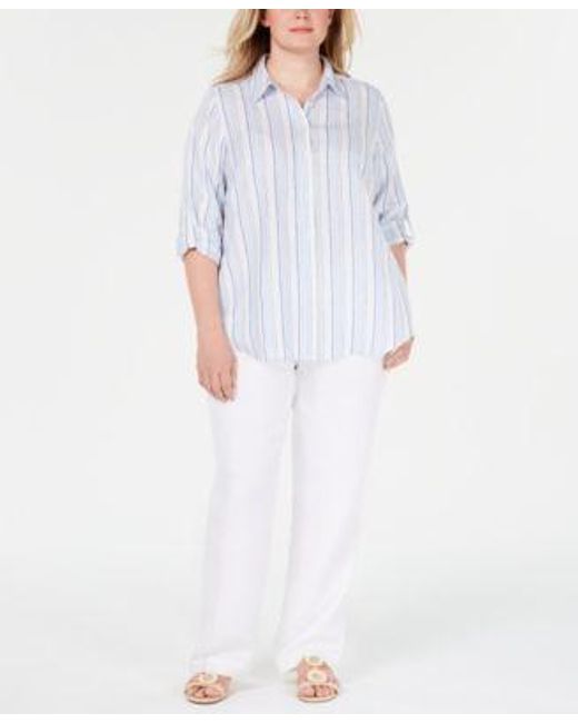 Charter Club White Plus Size Linen Striped Shirt Straight Leg Pants Created For Macys