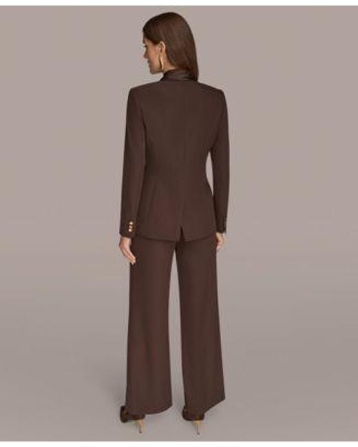 Donna Karan Brown Mixed Media Draped Neck Blazer High Waist Wide Leg Pant