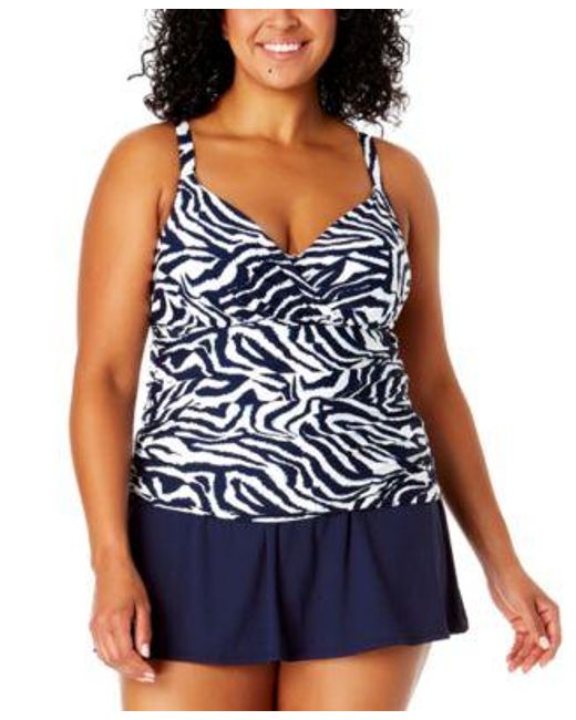 Anne Cole Blue Plus Size Printed Tankini Top Banded Swim Skirt