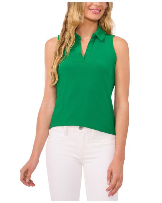 Cece Green Sleeveless Polo-collar Solid-knit Top