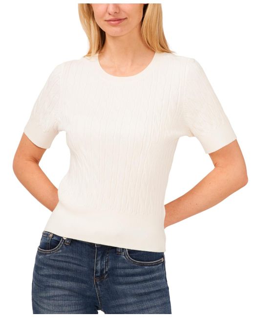 Cece White Cotton Cable-knit Short-sleeve Sweater