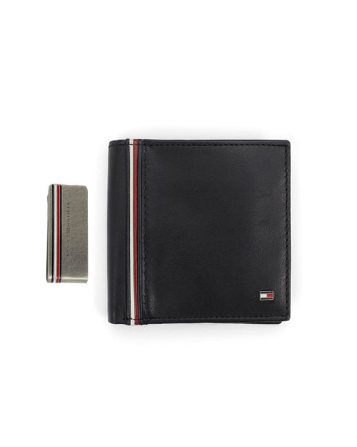Tommy Hilfiger Black Rfid Global Striped Passcase Wallet And Money Clip Set for men